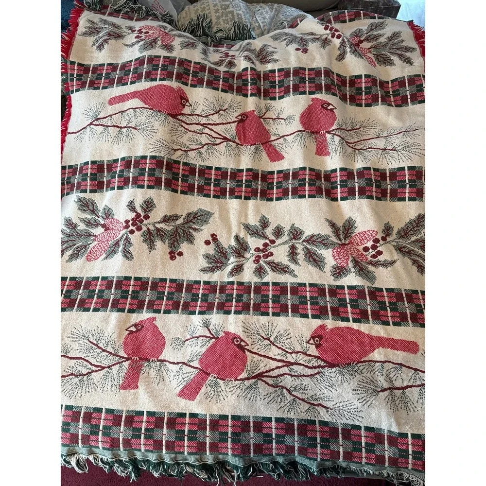 Coming Home Red Cardinal + Holly Green‎ Tapestry Cotton Throw Made USA 48x 60